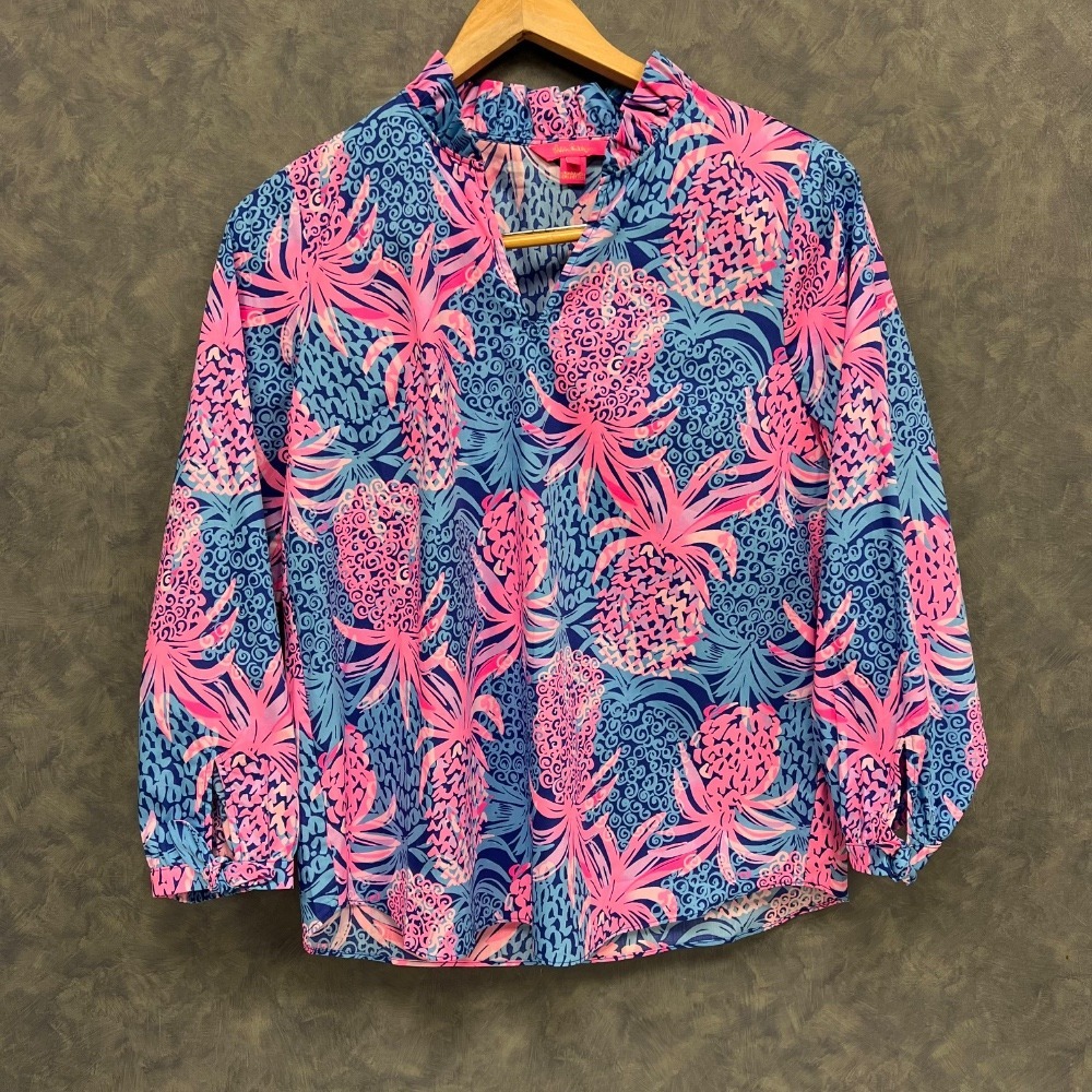 Lilly Pulitzer Pink and Blue Pineapple Print Blouse